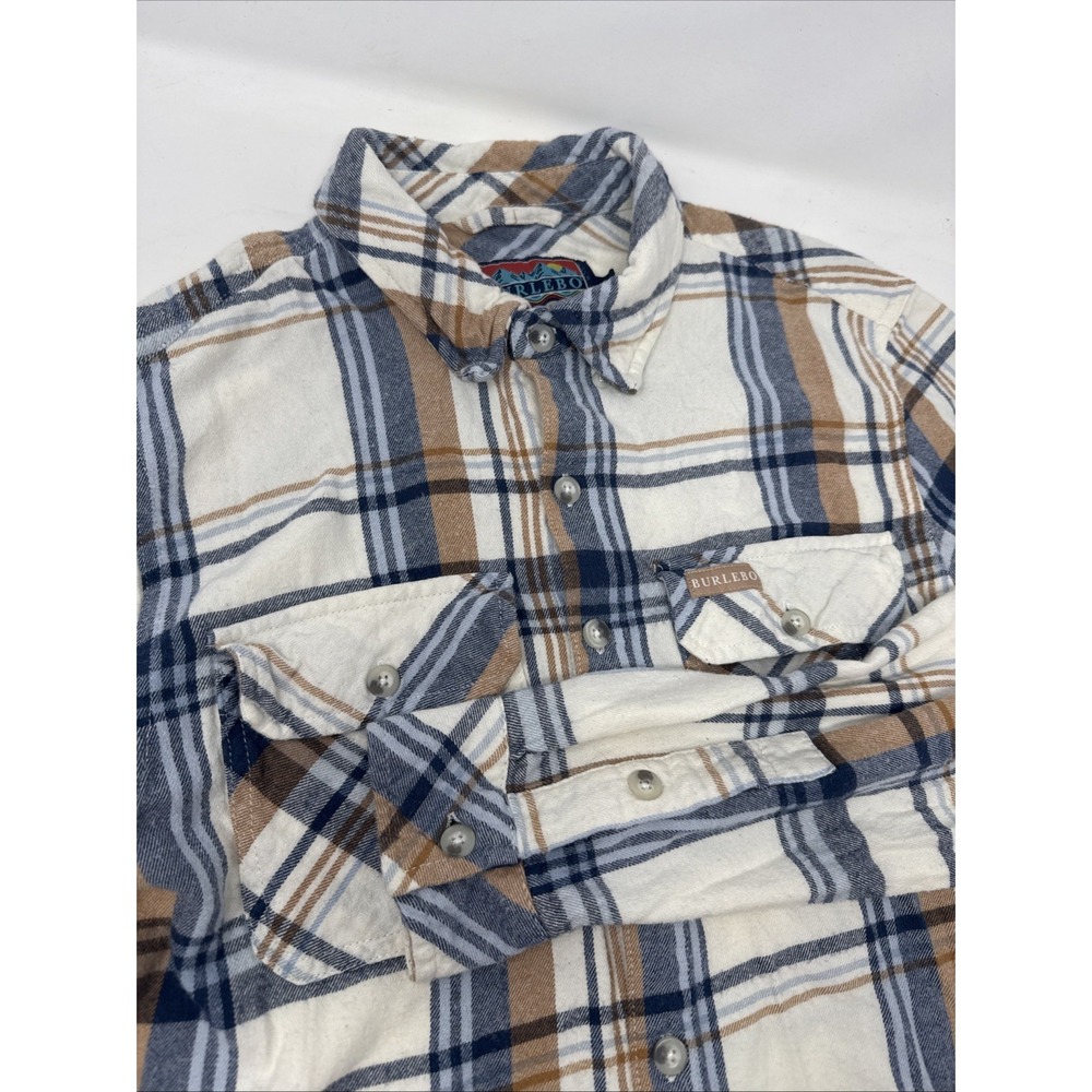 Burlebo Shirt Mens S‎ Cream Plaid Flannel Pockets Button Up Long Sleeve